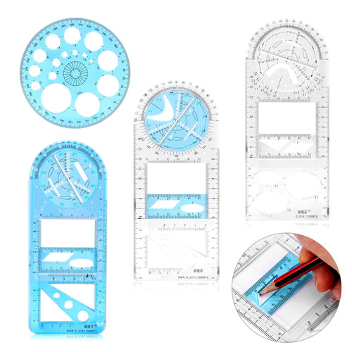 4 Piece Set Multifunctional Geometric Template Ruler Drawing Ruler Plastic Template Ruler Measuring Ruler Geometric Drafting Tool for Student Architecture School Office Supplies