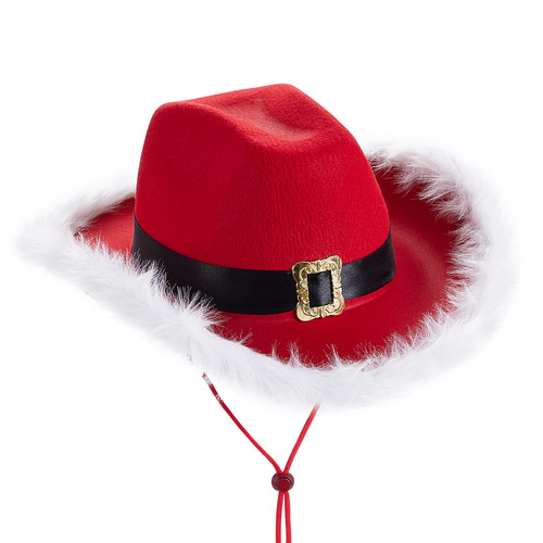 Glitters Cowboy Hats with Feathers Women Men Fluffy Cowgirl Hat Felt Wide Brim Western Party Halloween Dress Up Hat (Santa, One Size)