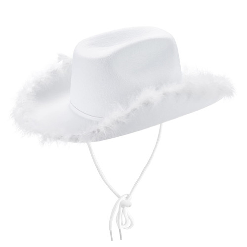 Cowboy Hats for Women,White Pink Cowgirl Hat with Fluffy Feather Trim,Cow Girl Hat Costume Party Play Dress Up (White)