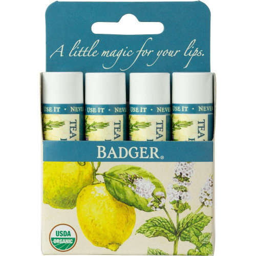 Badger - Herbal Lip Balm, Tea Tree & Lemon, Certified Organic Lip Balm, Fair Trade, Herbal Lip Care, 0.15 oz (4 Pack)