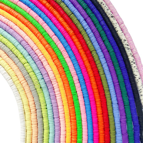 Clay Beads 24 Strands Flat Round Polymer Bead Vinyl Heishi Beads Flat Round Polymer Bead About 9100 Pcs for Jewelry Making Necklace Bracelet (6mm, 4 Colors Beads)
