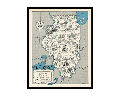 Poster Master Vintage Map Poster - Retro Illinois Map Print - Illinois State Map Art - Gift for Teacher, Student, Travel Lover - Wall Decoration for Classroom, Office, Dorm - 8x10 UNFRAMED Wall Art