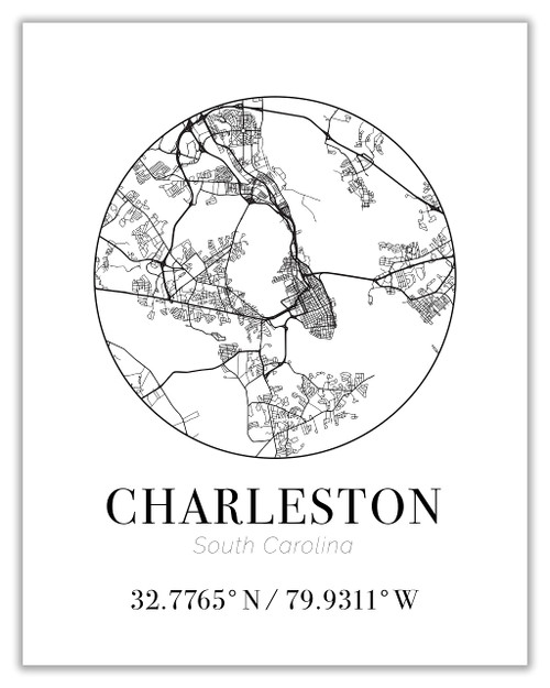 Charleston SC City Street Map Wall Art - 11x14 Modern Abstract Black & White Aerial View Decor Print with Coordinates. Makes a great Charleston-Themed Gift.
