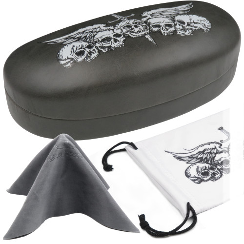 MyEyeglassCase Hard Sunglasses Case in Skulls & Sword Artwork Print - Hard Glasses Case Medium to Large Frames, Eyeglass case Hard shell with Drawstring Pouch and Cleaning cloth (AS113 SKULLS)