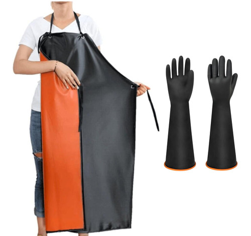 43" Waterproof Apron & 22'' Latex Chemical Resistant Gloves Long Heavy Duty Gloves for Men Women,PU Butcher Apron Adjustable Neck Pad Gloves for DishWashing Cleaning Fish Gardening Lab Work Butcher