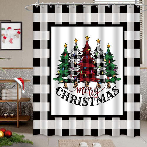 Ouyisha Christmas Shower Curtain Buffalo Plaid Merry Christmas Tree Shower Curtain Winter Holiday Rustic Farmhouse Fabric Shower Curtains Merry Christmas Home Decor Waterproof with Hooks, 72" X 72"