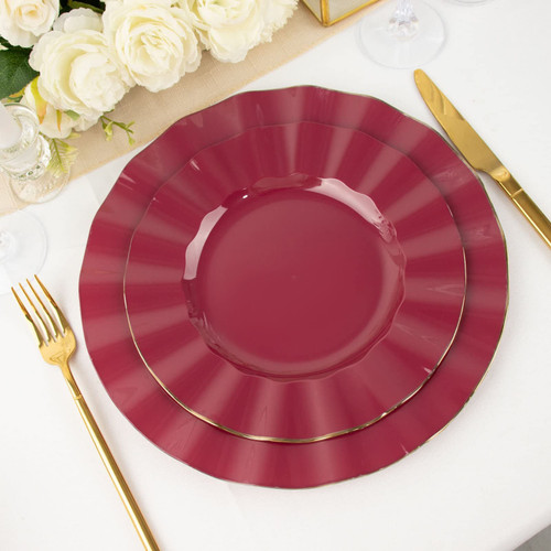 Efavormart 10 Pack | Burgundy 9" Round Plastic Dinner Plates, Disposable Tableware with Gold Wavy Rim for Wedding, Outdoor Receptions, Banquets, Holiday Dining
