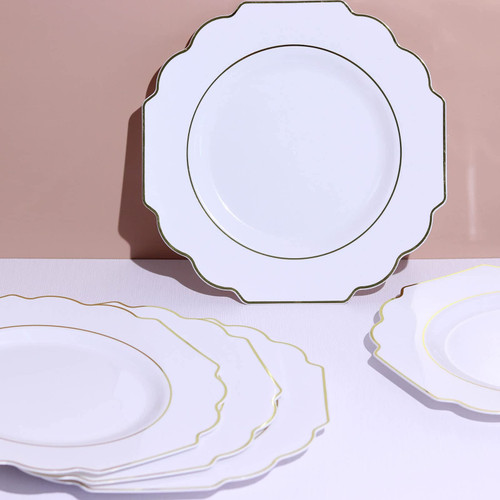 TABLECLOTHSFACTORY 10 Pack | 12" White Hard Plastic Dinner Plates, Disposable Tableware, Baroque Heavy Duty Plates with Gold Rim