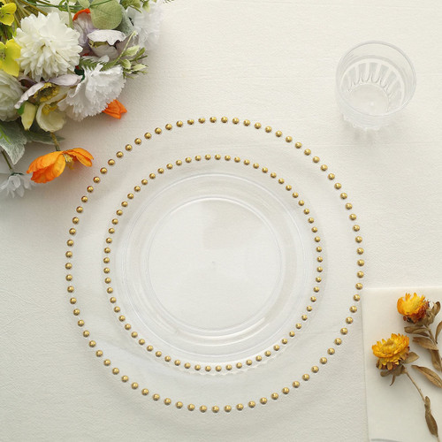 TABLECLOTHSFACTORY 10 Pack | 8" Clear/Gold Beaded Rim Plastic Dinner Plates, Disposable Round Party Plates