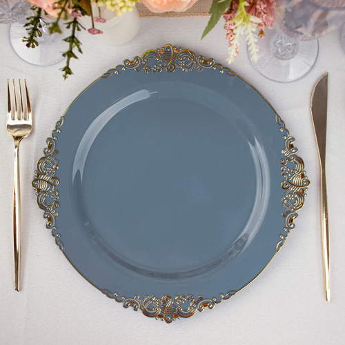 TABLECLOTHSFACTORY 10 Pack | Dusty Blue/Gold Baroque 10" Round Plastic Dinner Plates, Disposable Tableware with Leaf Embossed Gold Rim