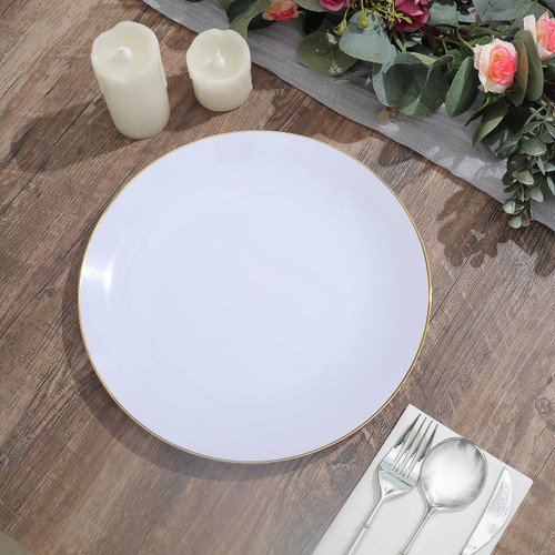 TABLECLOTHSFACTORY 10 Pack | 10" Glossy White Round Plastic Dinner Plates With Gold Rim, Disposable Party Plates