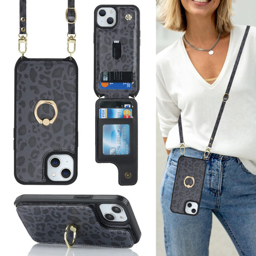 Lipvina for iPhone 14 Case with Card Holder for Women,for iPhone 14 Phone Case with Strap,Crossbody Lanyard,Ring Stand,Snap Clasp,RFID Blocking,Cute Wallet Case 6.1 inch(Black Leopard)