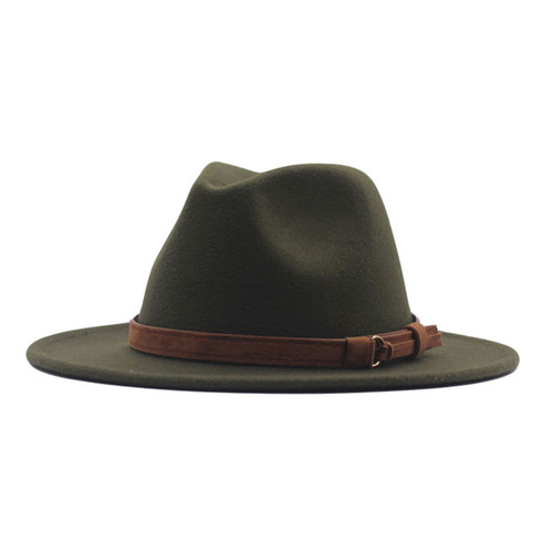 Women Men Wide Brim Fedora Hats Classic Panama Hat with Belt Buckle Classic Fedora Hat Wide Brim Panama Hat Army Green