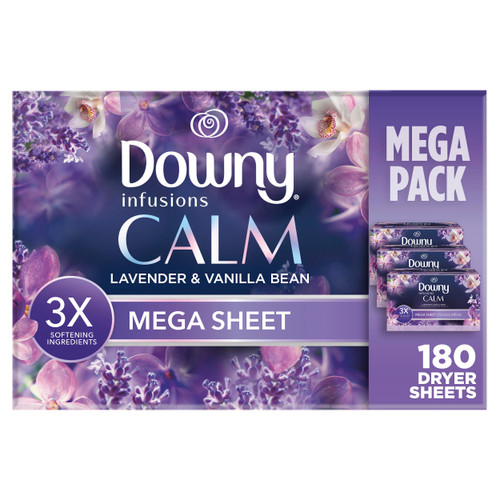 Downy Infusions Mega Dryer Sheets, Laundry Fabric Softener, CALM, Lavender and Vanilla Bean, 180 Count