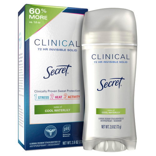 Secret Clinical Strengthe Antiperspirant & Deodorant for Women Invisible Solid, Waterlily Scent, 2.6 oz Secret Clinical Strengthe Antiperspirant & Deodorant for Women Invisible Solid, Waterlily Scent, 2.6 oz