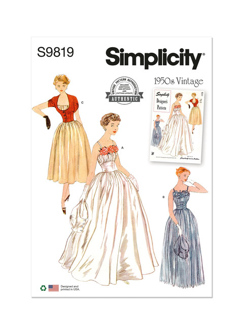 Simplicity Misses' Vintage 1950's One Piece Dresses and Jacket Sewing Pattern Kit, Design Code S9819, Sizes 8-10-12-14-16, Multicolor