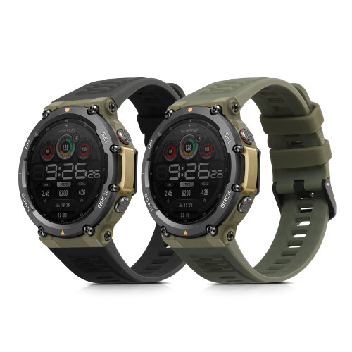 kwmobile Straps Compatible with Garmin Amazfit T-Rex 2 Straps - 2x Replacement Silicone Watch Bands - Black/Dark Green