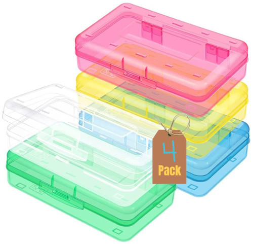 1InTheOffice Pencil Box, Large Capacity Plastic Pencil Case Boxes Translucent Assorted colors (4 Pack)