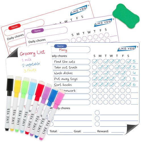 Magnetic Dry Eraser Chore Chart for Multiple Kids - 3 Pack Dry Erase Behavior Chart (25 x 25 cm) 1 Whiteboard Planner (20 x 15 cm) & 8 Fine Tip Eraser Cap Markers, Behavior Chart for Fridge