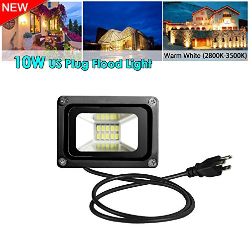LED Flood Light,10W,1000LM,2800-3200K Warm White,Waterproof IP65,LED Flood Light US 3-Plug Outdoor and Indoor Security Lights Super Bright Floodlight for Garage, Garden, Lawn,Yard (Warm White, 10W)