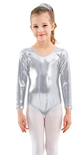 Mvefward Girls Long Sleeve Shiny Metallic Spandex Gymnastics Leotard Dancewear Bodysuit for Kids Sliver,L