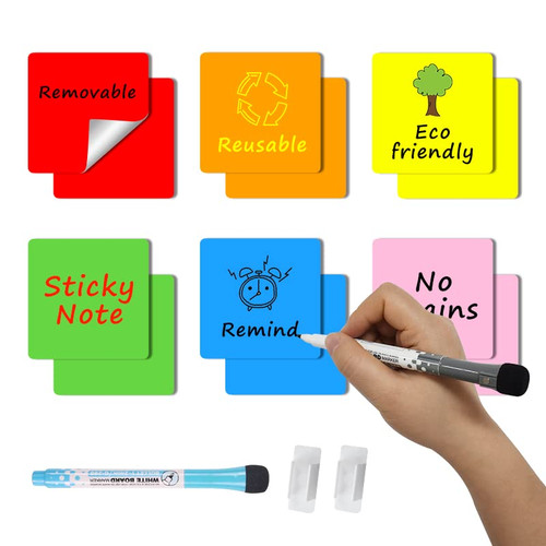 MVISUAL Colorful Dry Erase Sticky Notes 4x4 Inch, Reusable Sticky Notes, 6 Colors, Pack of 12, Removable Easy to Post for Office and Home, Reusable Whiteboard Stickers for Classroom