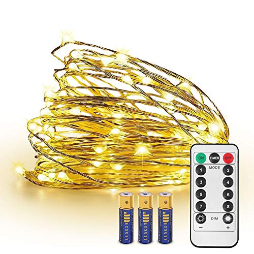 JMEXSUSS 8 Modes Timer Remote Control 100 LED 32.8ft Battery Operated Dimmable Fairy String Copper Wire Lights for Christmas, Bedroom, Wedding, Party, Warm White, UL588 Approved (100LED+3AA Battery)