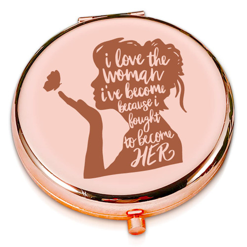 LRUIOMVE Inspirational Rose Gold Engraved Travel Makeup Mirror, Compact Pocket Cosmetic Mirror Gift for Sister Girls Friends Coworker Woman Birthday Christmas Graduation Encourage Gift
