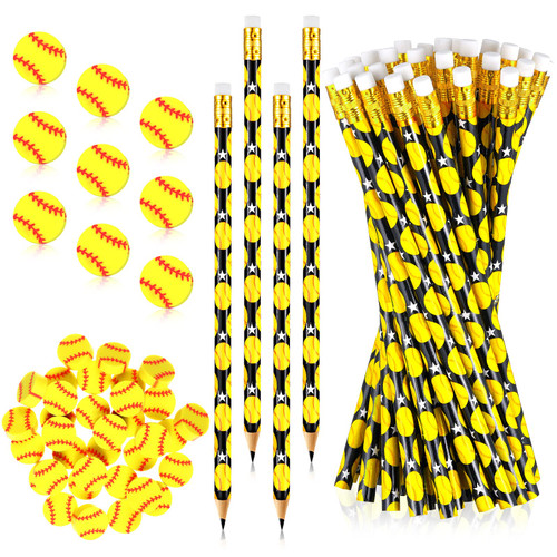 36 Pcs Sports Pencils and 36 Pcs Sports Ball Erasers Fun Wooden Pencils with Sports Eraser for Kids Sports Themed Birthday Party Favors School Office Supplies (Softball)