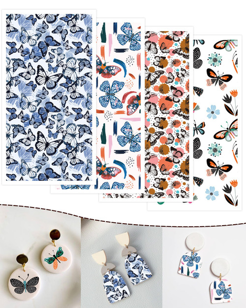 Puocaon Transfer Paper for Polymer Clay, 4 Design 20 Pcs Clay Transfer Paper for Polymer Clay Earrings, Blue Monarch Butterfly Image Transfer Paper for Polymer Clay, Polymer Clay Transfer Paper Sheets