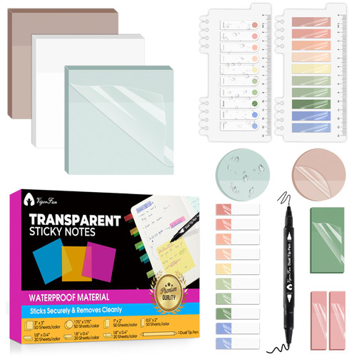 Transparent Sticky Notes, 1000 Sheets Clear Sticky Notes Pads with Pen, Waterproof Self-Stick Translucent Sticky Notes Tabs Set for Annotation Books, Bible Journaling Study Office School Supplies