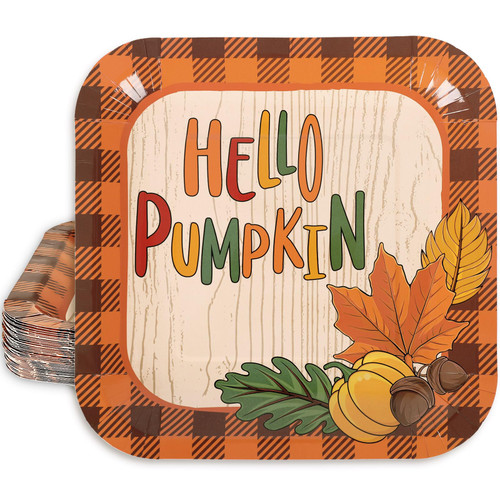 Whaline 40Pcs Fall Thanksgiving Paper Plates Black Orange Plaid Pumpkin Autumn Leaves Disposable Plates Fall Harvest Square Plates for Wedding Birthday Party Dinner Tableware Supplies, 9 x 9 Inch