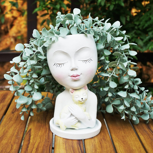 GETWHT Face Planter Pots, Succulent Planters Face Flower Pot Head Planter for Indoor Outdoor Plants with Drainage Hole, Cute Lady Face Hugging a Cat Resin Plant Pots