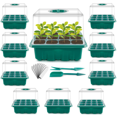 NEWKITS 10 Packs Seed Starter Tray Kit Seed Starter Trays with Humidity Dome Plant Germination Starter Kit for Greenhouse Grow Germination Seeds Growing Starting(120 Cells Total Tray)