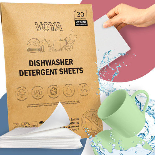 VOYA Dishwasher Detergent 30 sheets unscented liquidless dishwashing dish soap pods rinse aid washer tablets tabs natural cleaning kitchen powder travel plastic free zero waste eco friendly