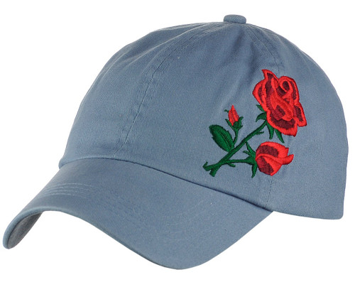Side Embroidered Rose Adjustable Low Profile Baseball Dad Cap Hat, Blue