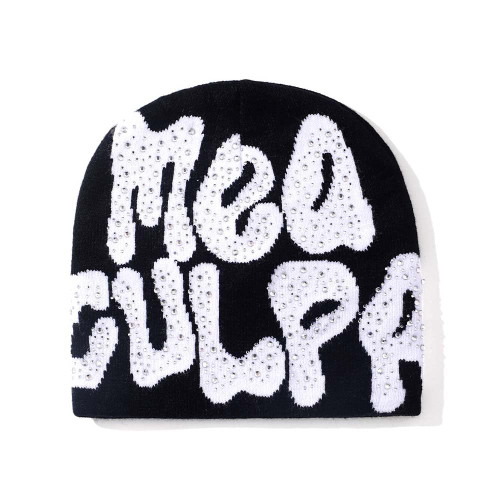 GFLPO MEA Culpa Beanie Y2k Beanie Women Beanie Y2k Hat Graphic Beanie Winter Hat Knit Skull Cap Warm Knitted Cap Y2k Accessories (Black with Rhinestone)