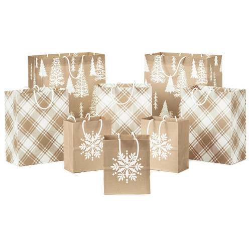 Hallmark Recyclable Holiday Gift Bags (8 Bags: 3 Small 6", 3 Medium 9", 2 Large 13") Kraft Brown with Snowflake, Plaid and Trees for Christmas, Hanukkah, Weddings, Birthdays, Brown Kraft, White Snowflake, Rustic Plaid, Trees, Assorted (0005XGB1417) Hallmark Recyclable Holiday Gift Bags (8 Bags: 3 Small 6", 3 Medium 9", 2 Large 13") Kraft Brown with Snowflake, Plaid and Trees for Christmas, Hanukkah, Weddings, Birthdays, Brown Kraft, White Snowflake, Rustic Plaid, Trees, Assorted (0005XGB1417)