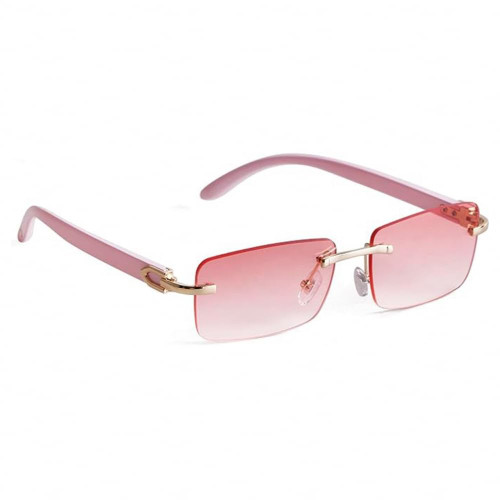 Street Knitted Pink Tinted Lens Rimless Sunglasses for Women Frameless Shades Faux Buffalo Horn Glasses Rectangle Shades