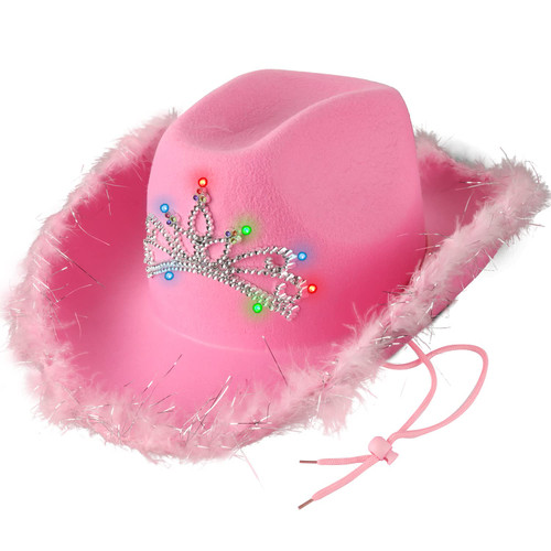 CoFashion Pink Light Up Cowgirl Hat with Feather Pink Fluffy Cowboy Hat with Tiara Crown, Disco Cowboy Hat with Flashing Lights Preppy Hat for Halloween Western Country Concert Costume Birthday Party