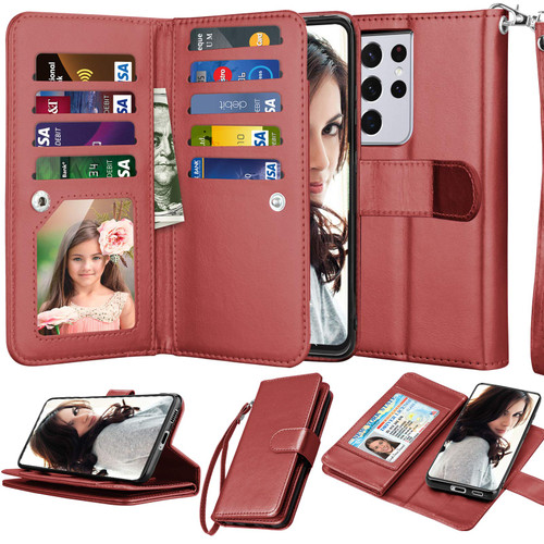 Njjex Wallet Case for Samsung Galaxy S21 5G, For Galaxy S21 Case, [9 Card Slots] PU Leather ID Credit Holder Folio Flip [Detachable] Kickstand Magnetic Phone Cover & Lanyard for Samsung S21 [Wine Red]