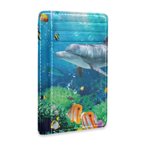 OTVEE Dolphin Coral Colorful Fish Slim Minimalist Wallet Rfid Blocking Card Wallets PU Leather Front Pocket Wallets