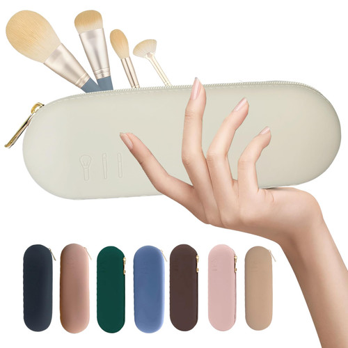 Shunvan life Silicone Makeup Brush Holder, Large Capacity Makeup Brush Bag, Portable Travel Cosmetic Brush Bag for Travel and Daily, Christmas Gifts for Women Girls(Rice white)