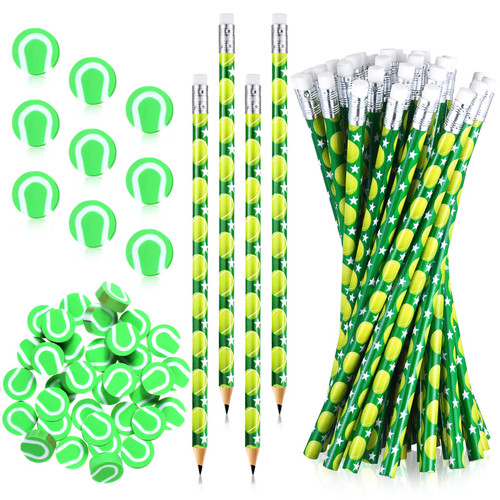 36 Pcs Sports Pencils and 36 Pcs Sports Ball Erasers Fun Wooden Pencils with Sports Eraser for Kids Sports Themed Birthday Party Favors School Office Supplies (Tennis)