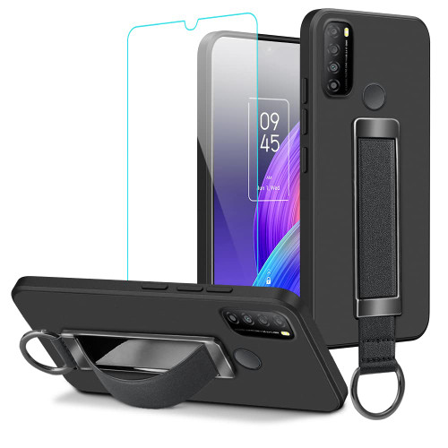 pusiikeer for TCL 30 XL 30XL Phone Case with Tempered Glass Screen Protector, Telescoping Pull Ring Kickstand/Stand Case with Wrist Strap Protective Cover Phone Case for TCL 30 XL (T701DL) - Black