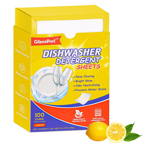100-Loads Eco-Friendly Dishwasher Detergent Sheets - Lemon Scent - for Dishwasher/Hand Washing/Dish Liquid Replacement - No Liquidless - No Plastic Biodegradable - 100Count
