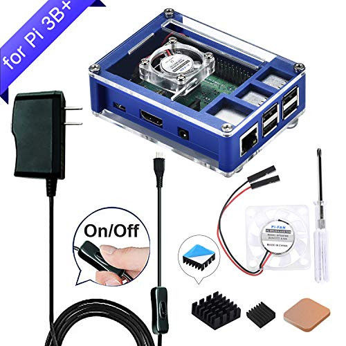 GeeekPi Raspberry Pi 3 Model B+ Case, with 5V 2.5A US Power Supply with ON/Off Switch, Raspberry Pi Cooling Fan, and Raspberry Pi Heatsinks for Raspberry Pi 3/2 Model B(Blue and Clear)