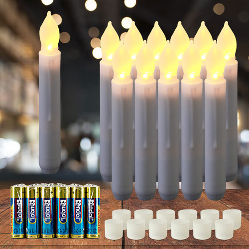 Amagic 12 Pcs LED Taper Candles with 24 Batteries, NO Remote, Warm White Flameless Taper Candles, Flickering Candlesticks, Hanging Floating Candles for Halloween Christmas Party Church Decor