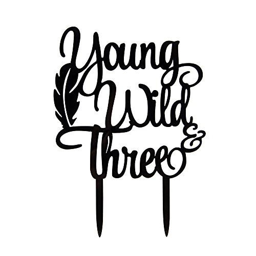 Young Wild Three Cake Topper - 3rd Birthday Cake Toppers - Baby Birthday Party Decorations Black