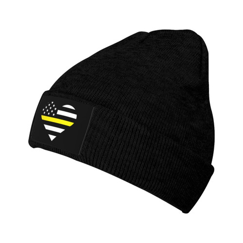 YVNUM Dispatcher Heart USA Flag Beanie for Unisex,Slouchy Knit Skull Cap Warm Winter Hat Cuffed Plain Hat Black